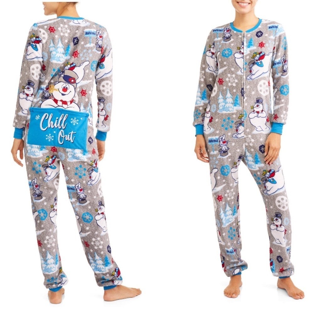 Frosty The Snowman Union Suit Fleece Pajamas Drop Seat ChillOut Grey Blue M 8-10